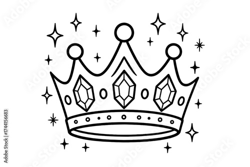 Magical Crown Coloring Page. Princess & Knights coloring page: magical crown with jewels, sparkles and stars floating, black and