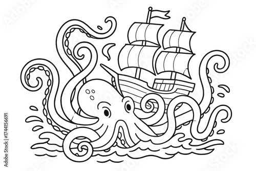 Kraken Captures Ship. Magical creatures coloring page: kraken with long tentacles, ship caught nearby, waves splashing, black and