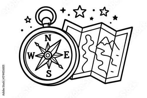 Compass and Map. Camping coloring page: compass with detailed arrows, map unfolded beside, stars above, black and white vector
