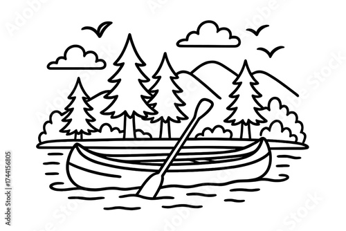 Camping Canoe Adventure. Camping coloring page: canoe on lake, pine trees and hills behind, birds flying, black and white vector