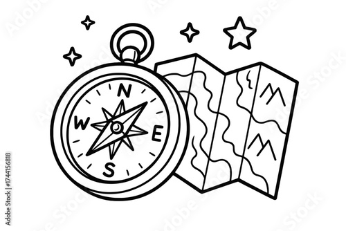 Compass and Map. Camping coloring page: compass with detailed arrows, map unfolded beside, stars above, black and white vector