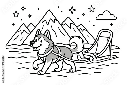 Arctic Husky Adventure. Arctic world coloring page: husky dog pulling sled, mountains behind, stars in sky, black and white vector