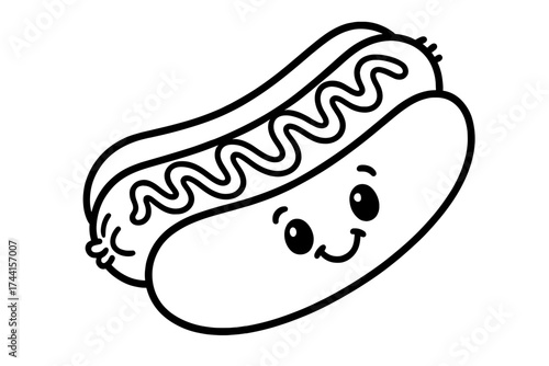 Smiling Hot Dog Art. Food coloring page: hot dog in bun, ketchup and mustard lines, smiling face, black and white vector line art,