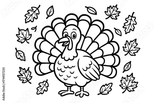 Thanksgiving Turkey Art. Holidays coloring page: Thanksgiving turkey with feathers spread, autumn leaves falling around, black and