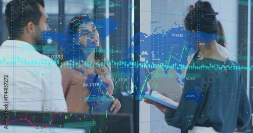 Analyzing business team discussing holographic data on glass wall in office, with tablet clipboard