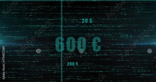 Streaming dashboard onscreen, showing central 600 £ readout and neon divider with currency labels
