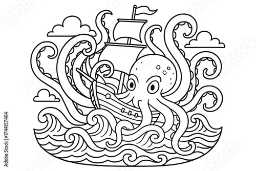 Kraken Grabs Ship. Magical creatures coloring page: kraken with long tentacles grabbing ship, ocean waves around, black and white