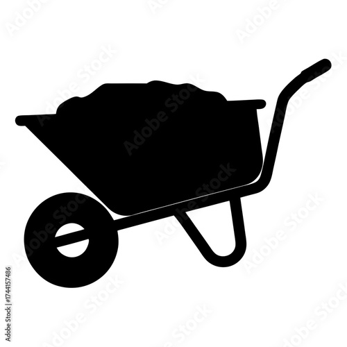 Vector art of silhouette of a wheelbarrow filled with soil, a tool for gardening, landscaping, and construction material transport