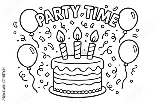 Birthday Party Page. Party time coloring page: birthday cake with candles, balloons and confetti floating, black and white vector