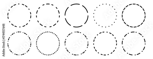Collection of various dashed and dotted line circles, perfect for creating loading icons, progress rings, or decorative borders