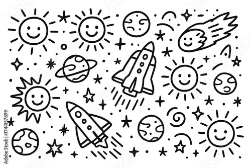 Cosmic Doodle Delight. Doodle cosmic doodle with smiling suns, meteors, and space shuttles in black and white isolated transparent