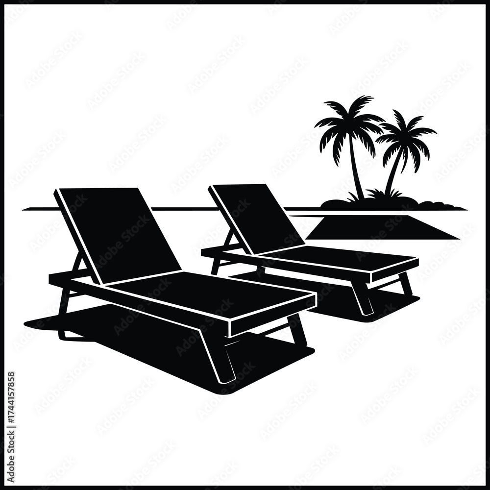 Fototapeta premium Two Modern Sun Loungers Beside Rectangular Swimming Pool Silhouette