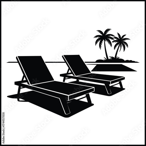 Two Modern Sun Loungers Beside Rectangular Swimming Pool Silhouette