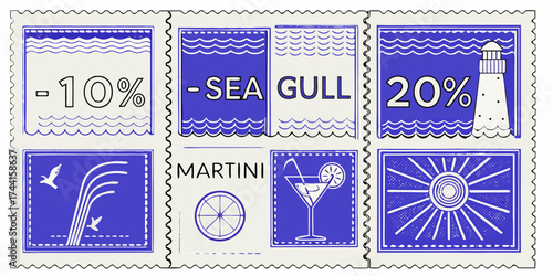 Collection of six stylized postage stamps featuring nautical themes and discounts