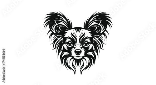 Papillon dog head black and white tribal art animal