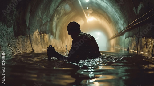 Silhouette swimming in an illuminated subterranean tunnel full of standing water