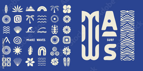 Collection of hawaiian and surf inspired icons and text on a blue background