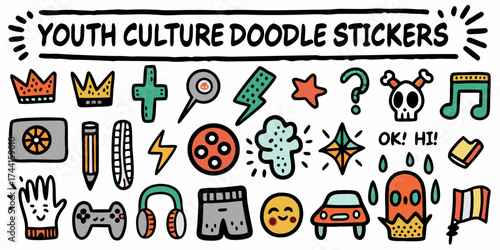 Youth culture doodle stickers collection with playful hand drawn icons and symbols