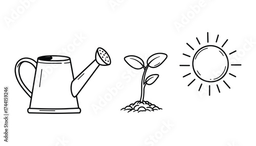 Watering Can, Sprout, and Sun vector icons