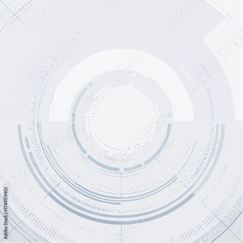 A futuristic white and blue graphic design with concentric circles and lines in a minimalist style against a clean background.