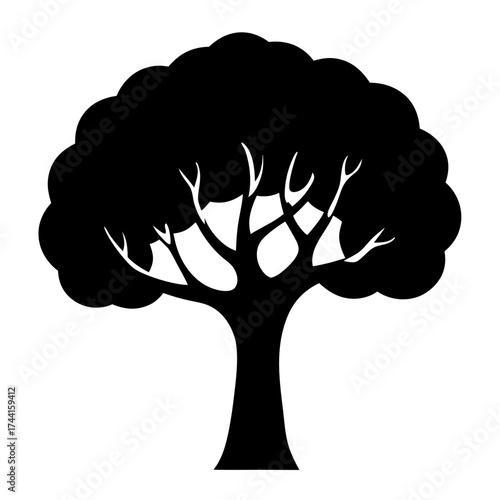 Vector art of silhouette of a lush tree with a full crown, , ideal for nature, environment, or family tree themes