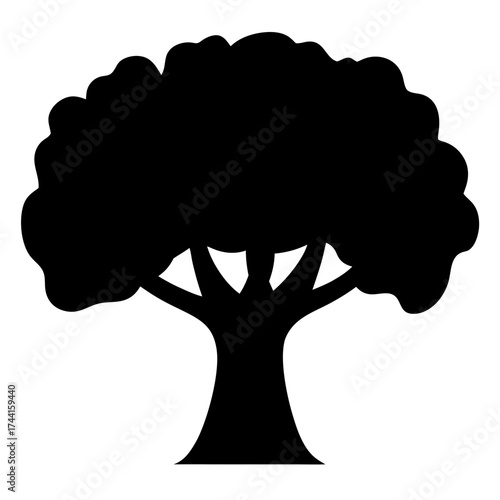 Illustration of a tree with a full crown a simple black silhouette of a tree with a lush, rounded canopy