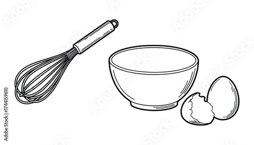 Whisk, Bowl, and Eggs vector illustration