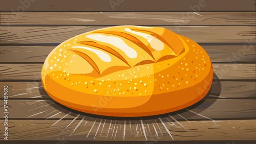 A yellow bread loaf sits on a wooden table. The bread is sliced and has a crust