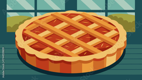 A pie with a lattice crust sits on a table. The pie is golden brown and has a delicious aroma. Concept of warmth and comfort, as if the pie is freshly baked and ready to be enjoyed