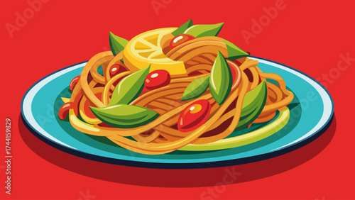 A plate of spaghetti with vegetables and lemon slices. The plate is on a red background