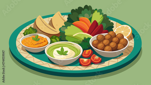 A plate of food with a variety of vegetables and dips. The plate is green and white. The food is colorful and appetizing
