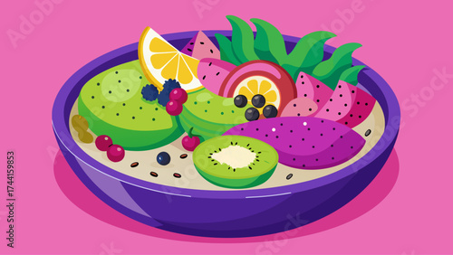 A bowl of fruit salad with a purple bowl and a pink background. The bowl contains a variety of fruits such as kiwi, oranges, and apples