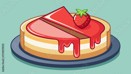 A slice of strawberry cheesecake with a strawberry on top. The cake is on a plate and has a drizzle of sauce on it