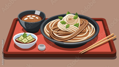 A plate of noodles with a bowl of sauce and a bowl of pickles. The noodles are topped with green herbs. The image has a casual and relaxed mood