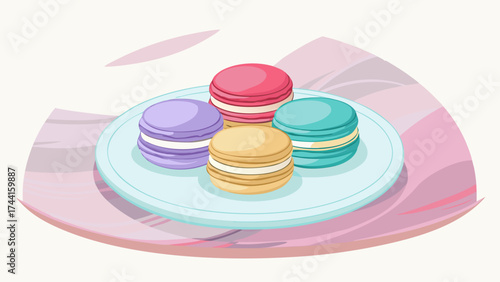 A plate of four different colored macarons. The plate is on a pink background. The macarons are arranged in a circle on the plate