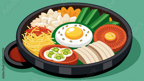 A bowl of food with a fried egg on top. The food is a mix of vegetables and meat