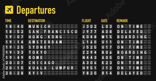 Airport departure board. Mechanical flip-flap airport departure board. Analog departures and arrivals airport board