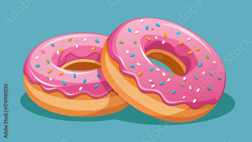 Two donuts with pink frosting and sprinkles. The donuts are placed on a blue background