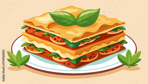 A plate of lasagna with a green leaf on top. The plate is white and the lasagna is yellow