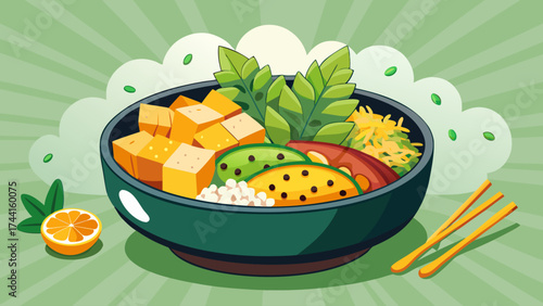 A bowl of food with a green background and a lemon on the left. The bowl is filled with vegetables and tofu