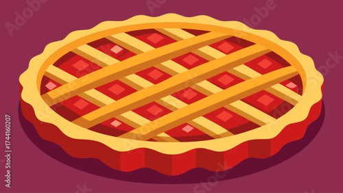 A delicious looking pie with a lattice crust and a red filling sits on a red background. The crust is made up of small squares, and the filling is a rich, juicy red color