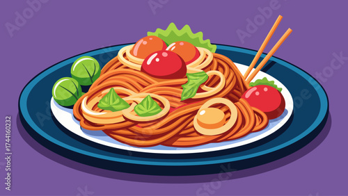 A plate of spaghetti with tomatoes and green beans. The plate is blue and white. The plate is on a purple background