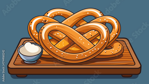 A plate of pretzels with a bowl of butter on a wooden table. The pretzels are arranged in a heart shape, and the butter is placed in a small bowl. Concept of indulgence and comfort