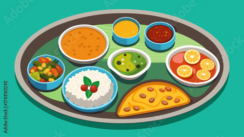 A plate of food with a variety of dishes including rice, soup, and fruit. The plate is on a green background