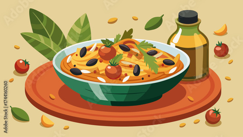 A bowl of pasta with tomatoes and basil on a table. A bottle of oil is next to the bowl