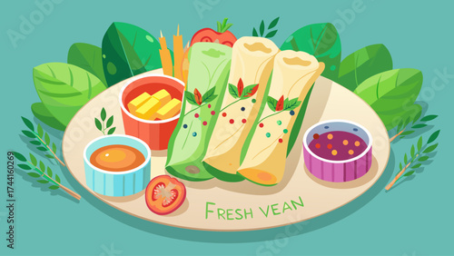 A plate of food with a green leafy background and the words "Fresh Vean" written on it