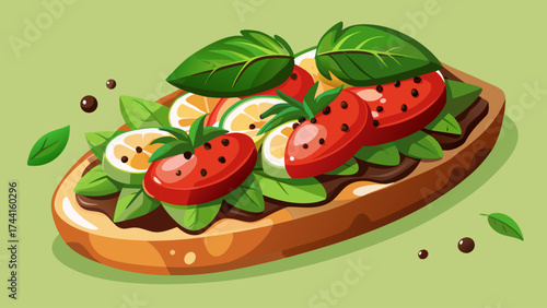 A sandwich with tomatoes, basil, and other vegetables. The sandwich is brown and has a green background