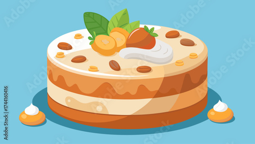 A cake with strawberries and nuts on top. The cake is on a blue background