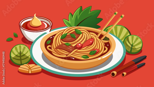 A bowl of noodles with a sauce and chopsticks on a red background. The bowl is on a white plate
