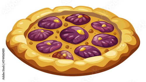 A pie with purple fruit on top. The pie is yellow and has a crust. The fruit is purple and has a round shape